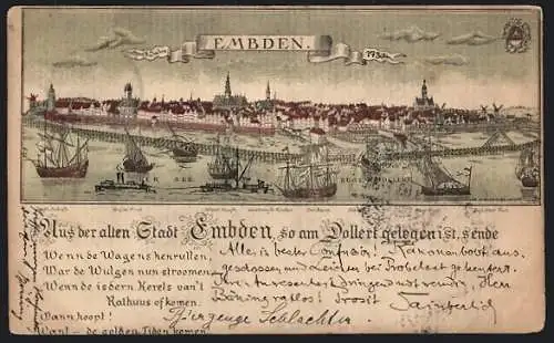 Lithographie Emden, Historische Stadtansicht aus dem Jahr 1730