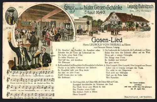 Lithographie Leipzig-Eutritzsch, Gasthaus Gosen-Schänke, Bes. Otto Kröber, Gosen-Lied
