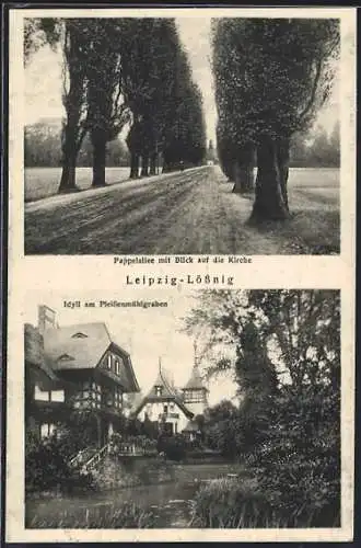 AK Leipzig-Lössnig, Pappelallee mit Blick auf die Kirche, Idyll am Pleissenmühlgraben