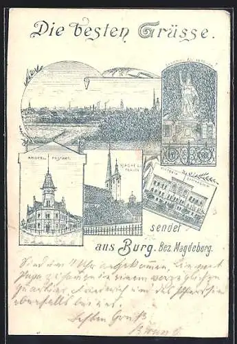 Lithographie Burg /Magdeburg, Kaiserl. Postamt, Victoria-Gymnasium, Kirche u. l. Frau, Denkmal