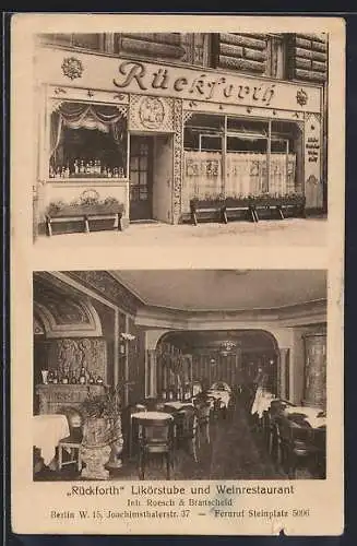 AK Berlin-Charlottenburg, Restaurant Rückforth, Inh. Roesch und Branscheid, Joachimsthalerstrasse 37