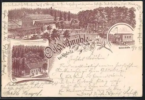Lithographie Köstritz, Gasthof Oelsdorfmühle mit Schiesshalle