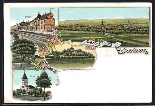 Lithographie Eichenberg / Werratal, Bahnhof, Kirche, Rittergut Arnstein