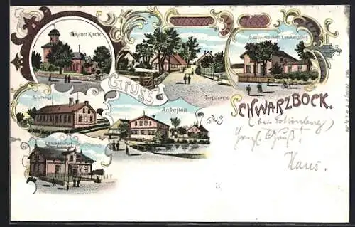 Lithographie Schwartbuck, Gasthof und Geschäftshaus Lenckersdorf, Gikauer Kirche, Schulhaus