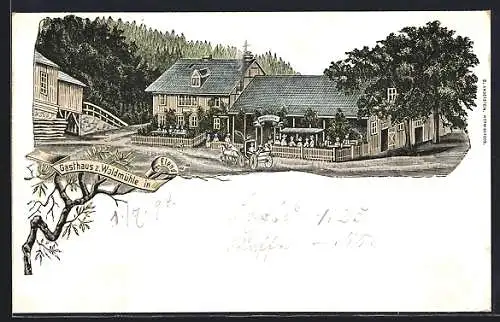 Lithographie Elend, Gasthaus z. Waldmühle mit Kutsche