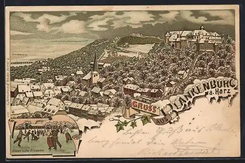 Winter-Lithographie Blankenburg a. Harz, Ortsansicht im Schnee und Claus`sche Eisbahn