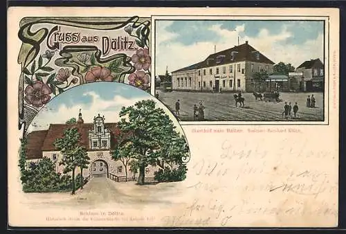 Lithographie Dölitz / Leipzig, Gasthof zum Reiter, Bes. Bernhard Klähn, Schloss in Dölitz