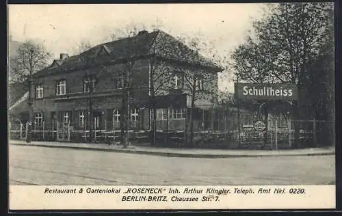 AK Berlin-Britz, Restaurant & Gartenlokal Roseneck, Inh. Arthur Klingler, Chaussee Strasse 7