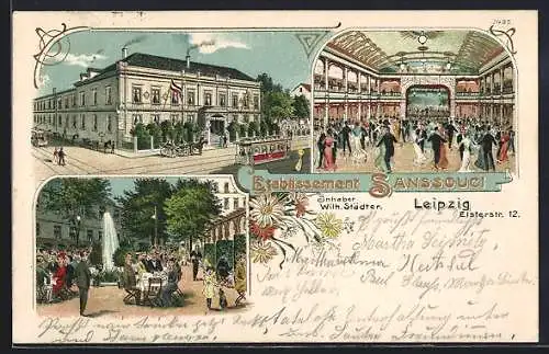 Lithographie Leipzig, Gasthof Sanssouci, Elsterstrasse 12, Inh. Wilh. Städter, Aussenansicht mit Strassenbahn, Tanzsaal
