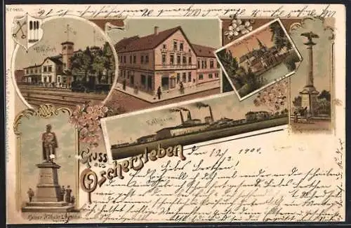 Lithographie Oschersleben, Hotel zum König von Preussen, Bahnhof, Villa u. Mühle Gummert, Raffinerie