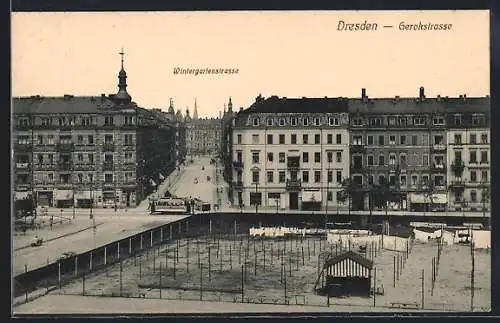 AK Dresden, Wintergartenstrasse und Gerokstrasse mit Strassenbahn