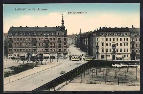 AK Dresden, Gerokstrasse und Wintergartenstrasse, Strassenbahn