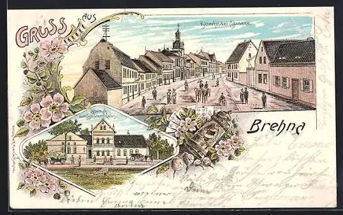 Lithographie Brehna, Bitterfelder Strasse, Gasthof zum Schützenhaus