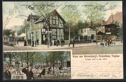 AK Berlin-Treptow, Strassenbahn an Ninnenbergs`s Parkschloss mit Blick in den Garten