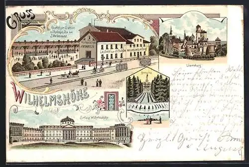 Lithographie Wilhelmshöhe, Gasthof zur Station, Bes. J. Wimmer, Herkules, Löwenburg und Schloss