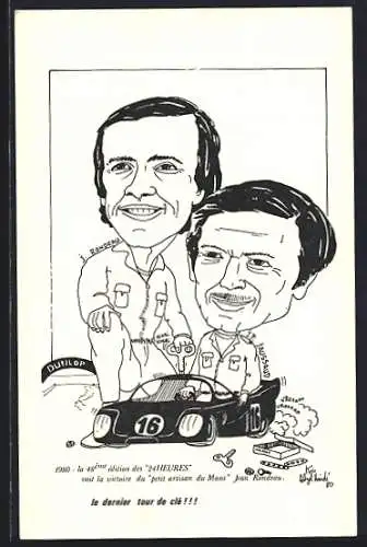 AK Autorennen 24 h von Le Mans, Le dernier tour de cle, Rennfahrer Karikatur