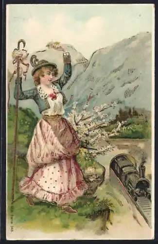 AK Pfingsten, Frau winkt einer aus dem Tunnel fahrenden Eisenbahn