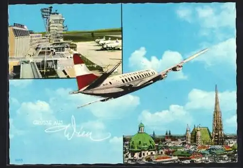AK Wien, Flughafen Schwechat, Flugzeug, Ortsansicht