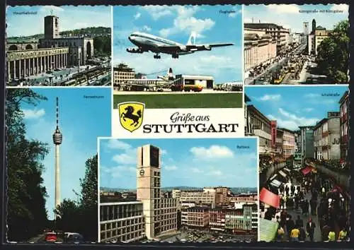AK Stuttgart, Flughafen, Hauptbahnhof, Königstrasse, Schulstrasse, Rathaus, Fernsehturm, Wappen