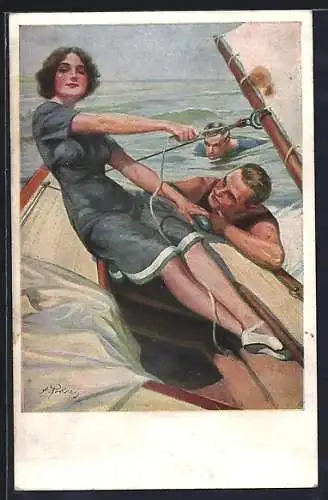 Künstler-AK M.Munk Nr.: 1124, Delphine, Frau beim Segeln, Schwimmer gesellen sich zu ihr