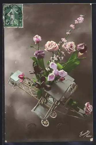 AK Flugzeug mit Blumen
