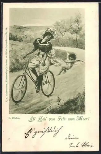 Künstler-AK Dame auf einem Fahrrad