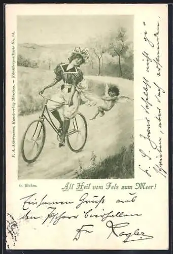 Künstler-AK Dame auf einem Fahrrad