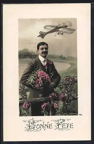 AK Flugzeug über elegantem Herrn