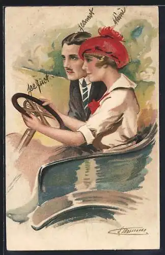 Künstler-AK Suzanne Meunier: Amours, Délices... et Autos