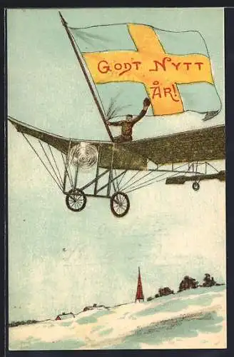 AK Flugzeug mit schwedischer Fahne