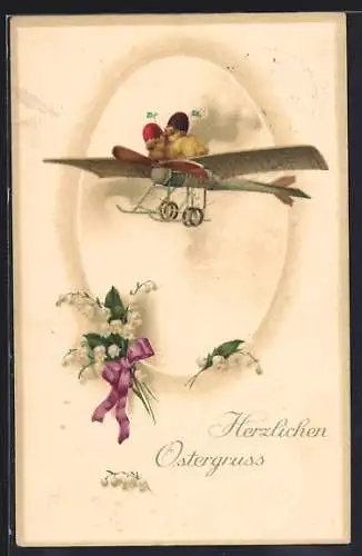 Künstler-AK Flugzeug, Osterküken in der Luft