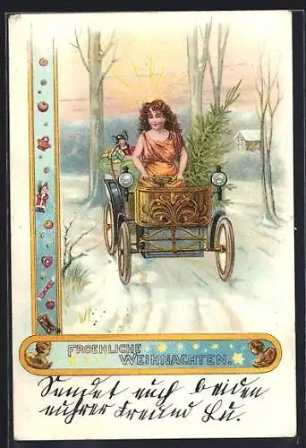 AK Mädchen mit Geschenken in einem Auto