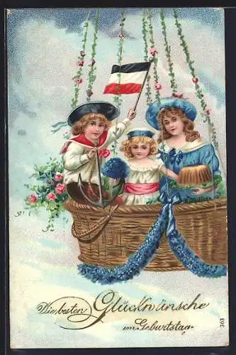 AK Kinder mit Reichsfahne und Kuchen fliegen mit einem Ballon, Geburtstag