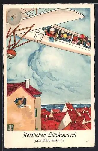 AK Kinder winken mit Blumensträussen aus einem Flugzeug, Namenstag