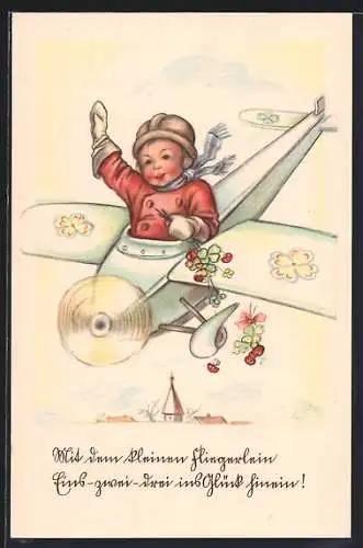AK Mit dem kleinen Fliegerlein eins-zwei-drei in`s Glück hinein!