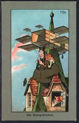 AK Flugzeug mit alter Frau auf einem Turm