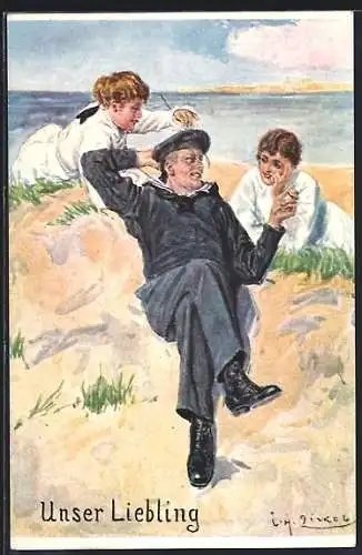 Künstler-AK Unser Liebling am Strand mit seinen Liebsten