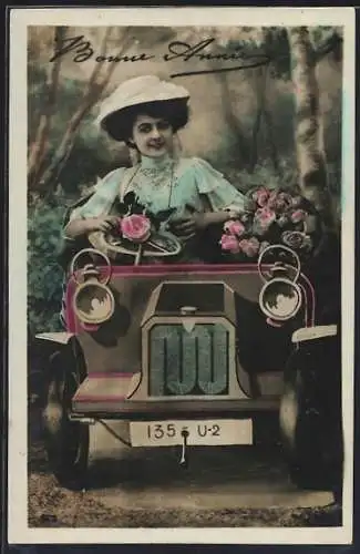 AK Bonne Année, Dame in Autokulisse