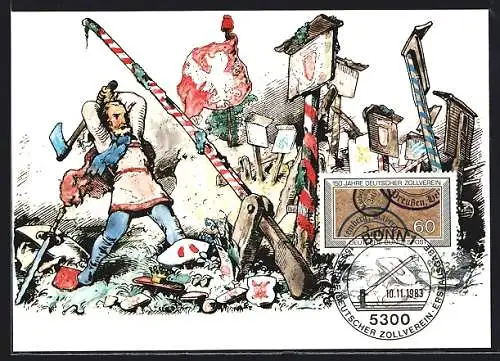 Maximum-AK Bonn, 150 Jahre deutscher Zollverein 1983, Motiv aus den fliegenden Blättern 1848