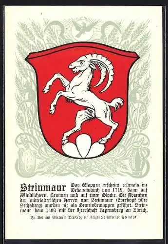 AK Steinmaur, Wappen auf Ähren-Ornamenten, Vogel, Krug, Info-Text
