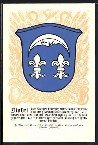AK Stadel, Wappen auf Ähren-Ornamenten, Vogel, Krug, Info-Text