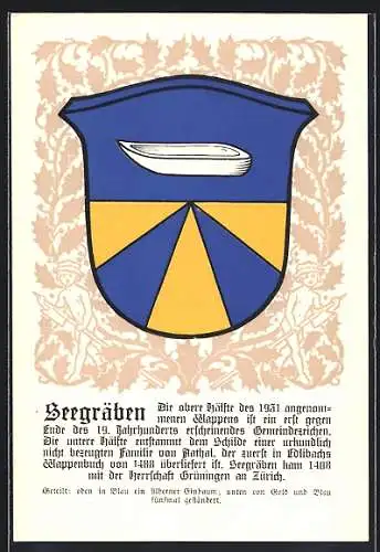 AK Seegräben, Wappen auf Ilex-Ornamenten, Kinderfiguren, Info-Text