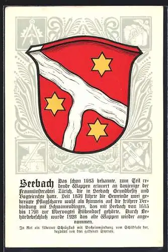 AK Seebach, Wappen auf Seerosen-Ornamenten, Webschiffchen, Info-Text