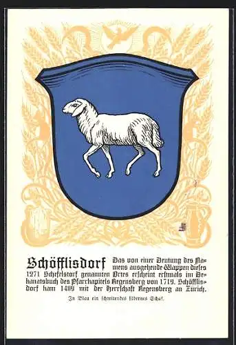 AK Schöfflisdorf, Wappen auf Ähren-Ornamenten, Vogel, Info-Text