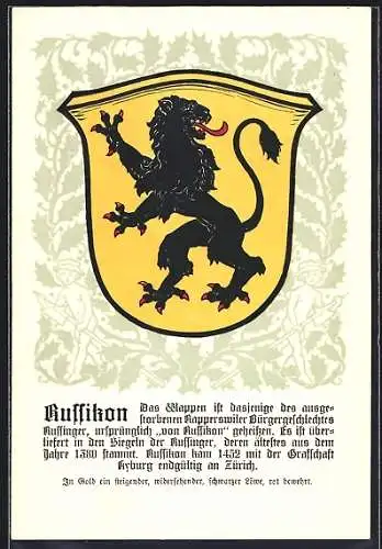 AK Russikon, Wappen auf Ilex-Ornamenten, Kinderfiguren, Info-Text