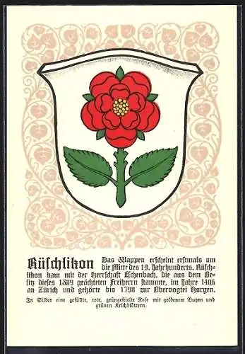 AK Rüschlikon, Wappen auf Blatt-Ornamenten, Info-Text