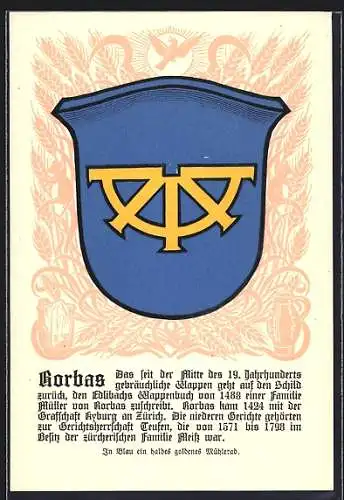 AK Rorbas, Wappen auf Ähren-Ornamenten, Sicheln, Krug, Info-Text