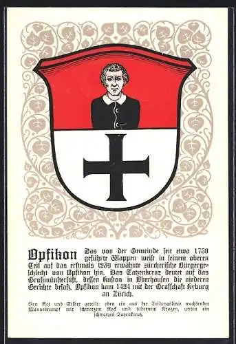 AK Opfikon, Wappen auf Blatt-Ornamenten, Info-Text