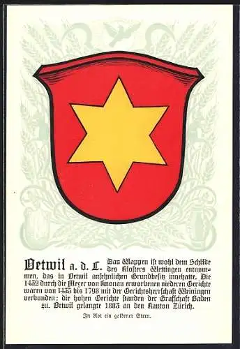 AK Oetwil a. d. L., Wappen auf Ähren-Ornamenten, Sicheln, Vogel, Info-Text