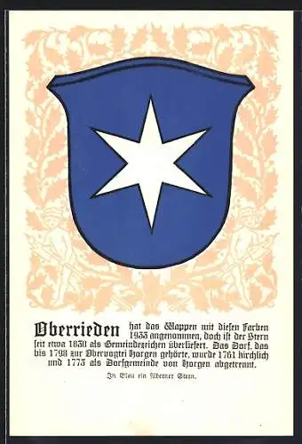AK Oberrieden, Wappen auf Ilex-Ornamenten, Kinderfiguren, Info-Text